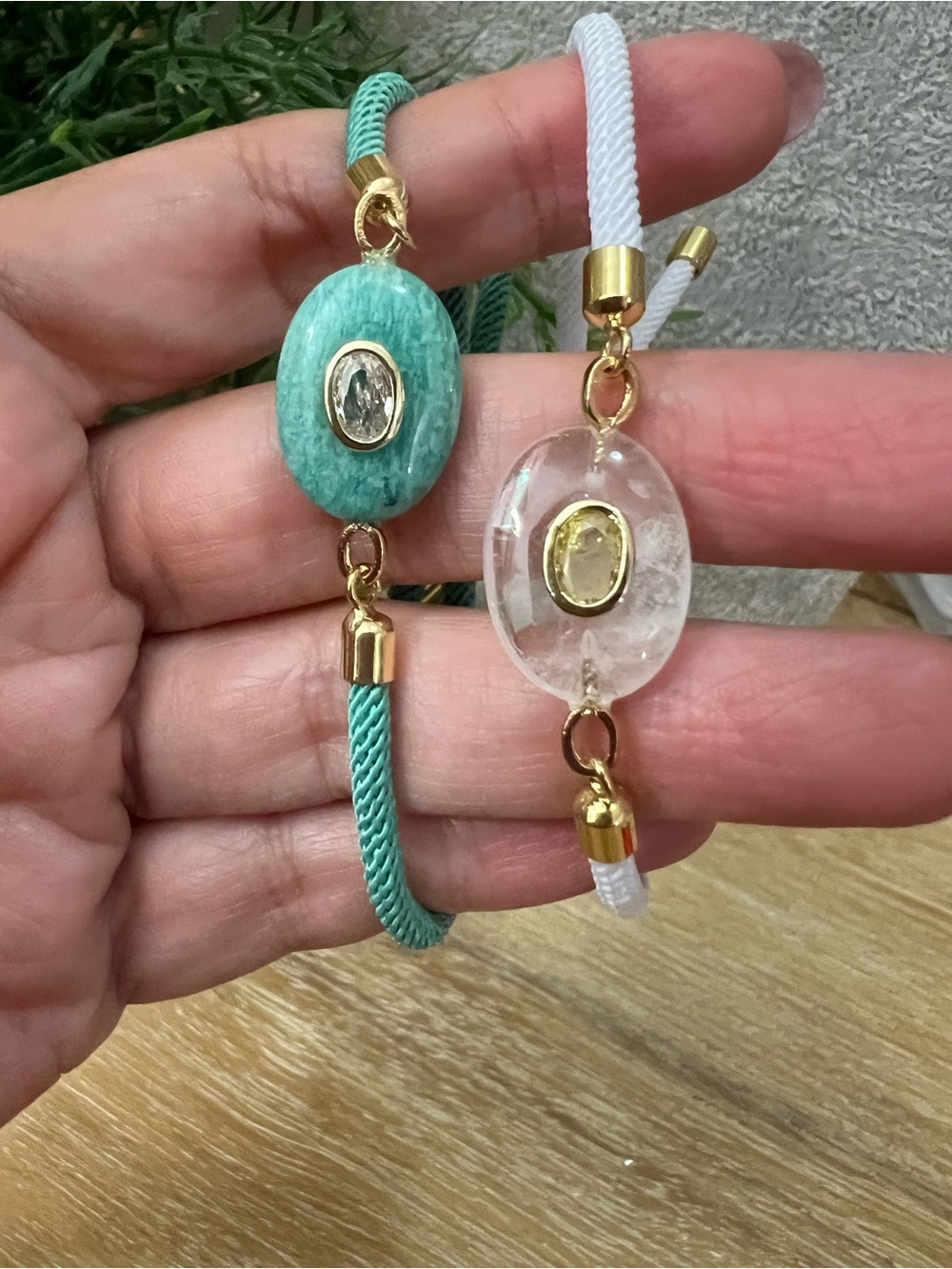 Handmade Green and Clear Bead Cord Bracelets with Gold Accents